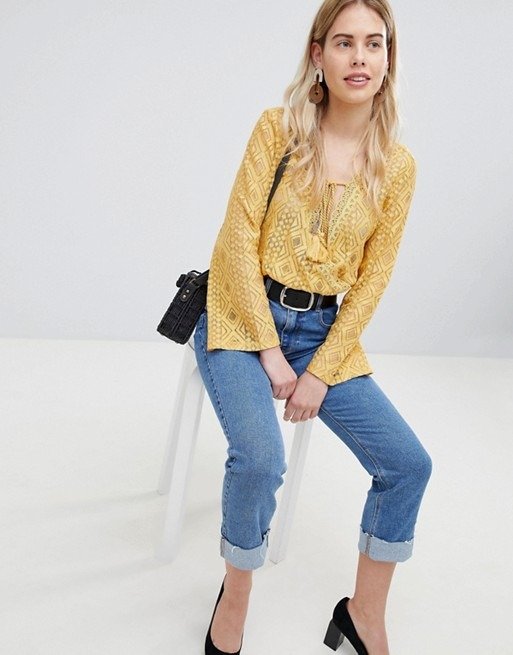 New Look Tie Front Long Sleeve Lace Top at asos.com