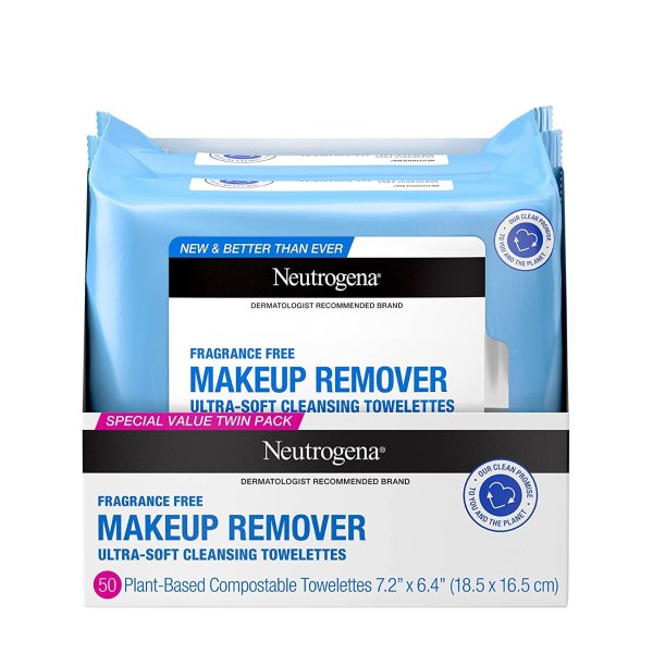 Cleansing Fragrance Free Makeup Remover Facial Wipes, 25 Count, 2 Packs