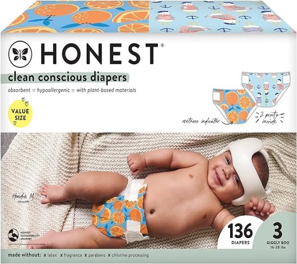 The Honest Company Clean Conscious Diapers | Plant-Based, Sustainable | Orange You Cute + Feeling Nauti | Super Club Box, Size 3 (16-28 lbs), 136 Count