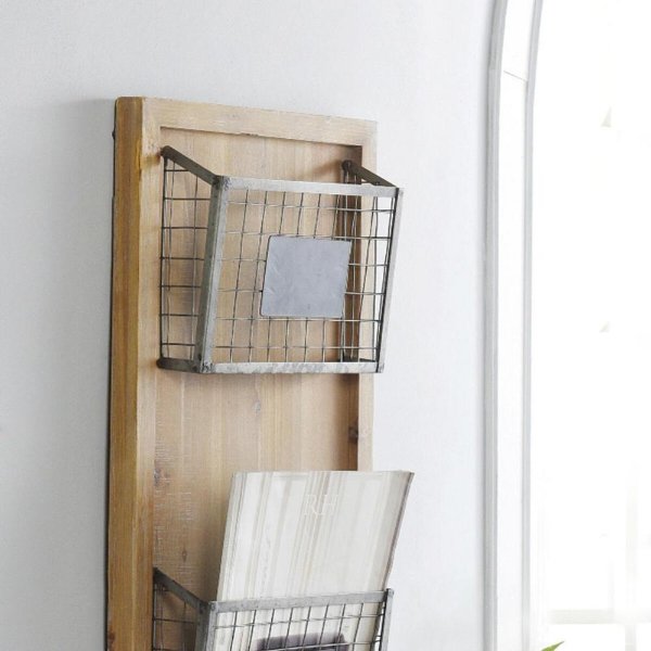 25 in. H x 13 in. W x 3 in. D StyleWell Wood Wall Organizer with 2 Metal Wire Baskets