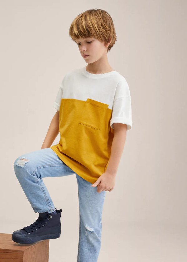 Chest-pocket bicolor t-shirt - Girls | Mango Kids USA