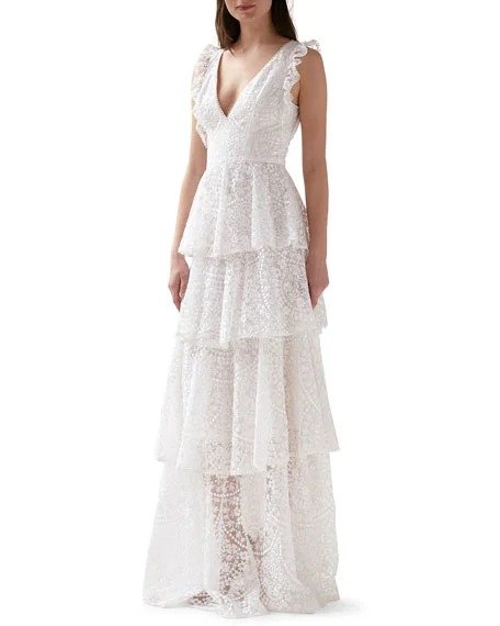 Sleeveless Floral Embroidered Tiered Mesh Gown