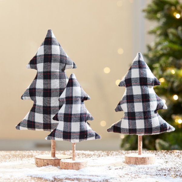 Christmas Plaid Fabric Tree Table Top Decorations, Set of 6
