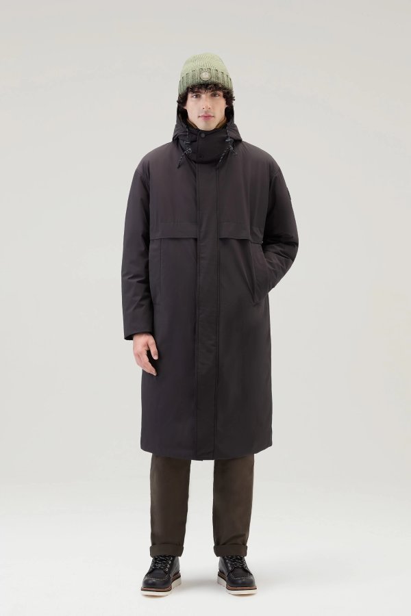 Long Coat in Stretch Nylon with Detachable Hood Black