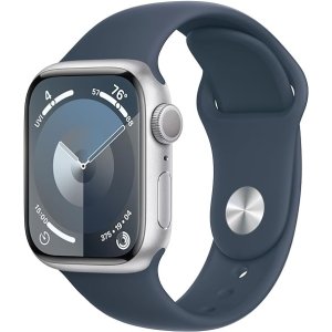 AppleWatch Series 9 [GPS 41mm] Smartwatch with Silver Aluminum Case with Storm Blue Sport Band S/M. Fitness Tracker, ECG Apps, Always-On Retina Display, Water Resistant