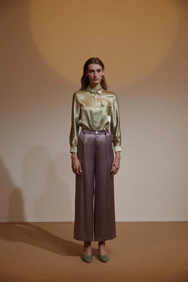 Casual Wide Leg Silk Pants - Mauve Sea Fog
