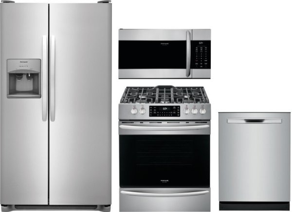 FFRERAMWDW154 4 Piece Kitchen Appliances Package with Side-by-Side Refrigerator, Gas Range, Dishwasher and Over the Range Microwave in Stainless Steel