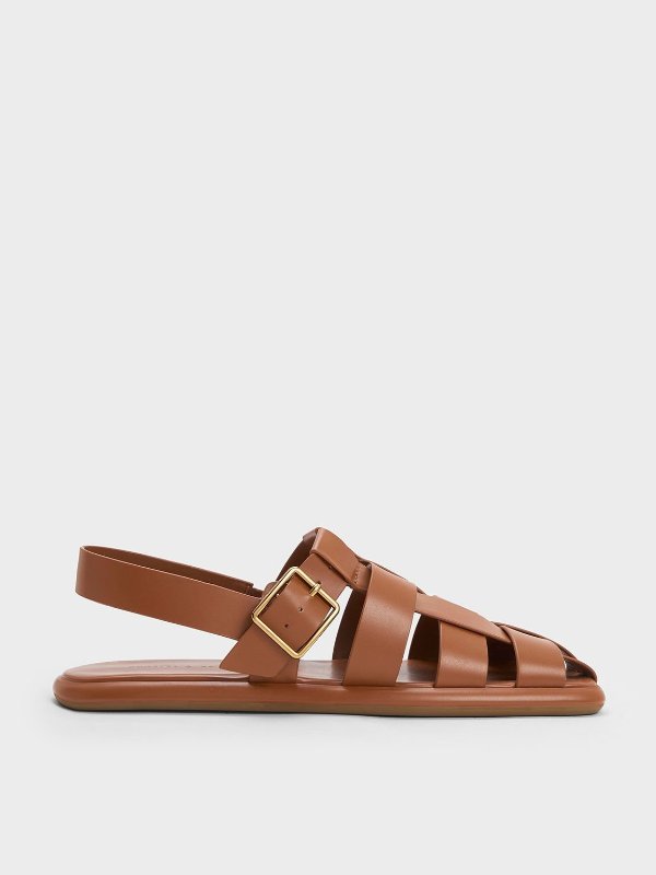 Cognac Metallic Buckle Caged Slingback Sandals | CHARLES & KEITH