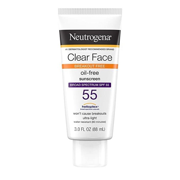 Clear Face Liquid Lotion Sunscreen for Acne-Prone Skin, Broad Spectrum SPF 55 with Helioplex Technology, Oil-Free, Fragrance-Free & Non-Comedogenic, 3 fl. oz