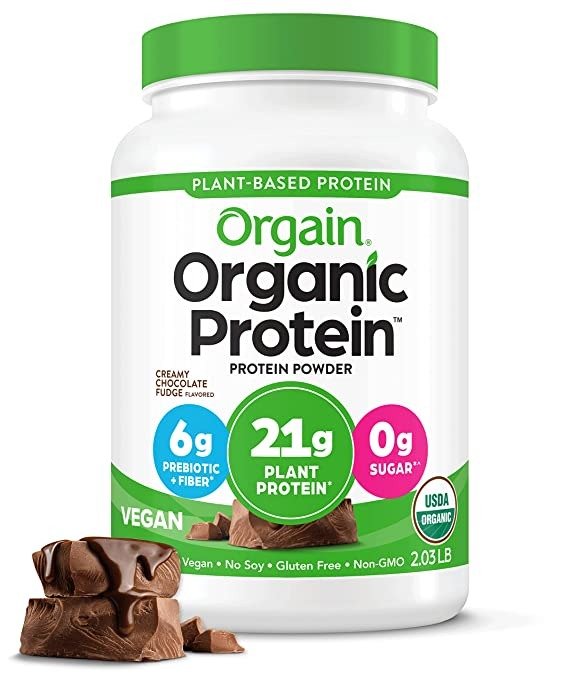 Orgain Organic Vegan Protein Powder, Creamy Chocolate Fudge - 21g of Plant Based Protein, Low Net Carbs, Non Dairy, Gluten Free, No Sugar Added, Soy Free, Kosher, Non-GMO, 2.03 Lb (Packaging May Vary)