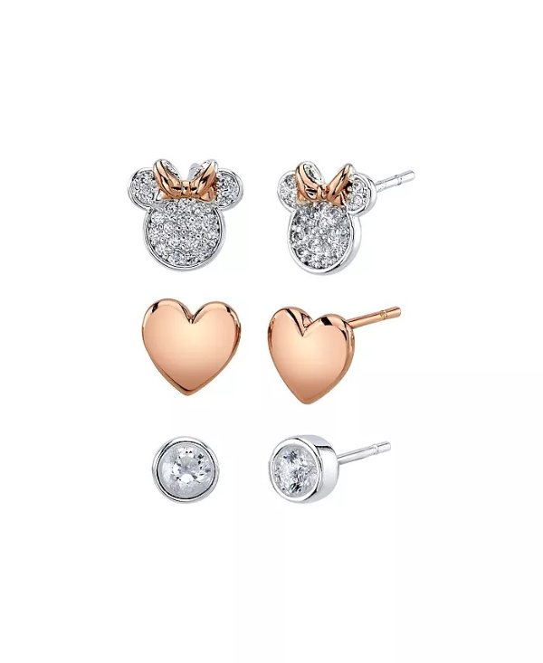 Unwritten Three Pair Silver Plated Two Tone Rose Gold Minnie Mouse Earring Set with Rose Gold Heart and Bezel Cubic Zirconia Stud