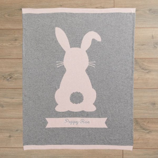 Personalized Pink Bunny Knitted Intarsia Blanket