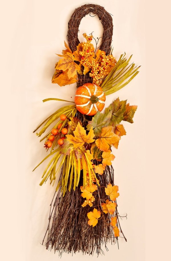 26" Fall Twig Teardrop With Long Grasses, Berries, Pumpkins and Leaves - Farmhouse - Wreaths And Garlands - by WORTH IMPORTS