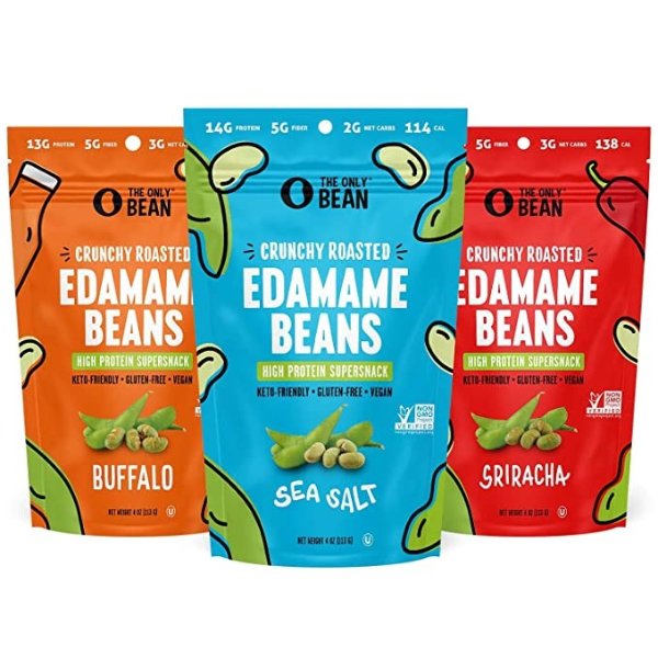 The Only Bean Crunchy Roasted Edamame Beans (Variety Pack), Keto Snacks, Healthy Snacks For Adults and Kids, Low Carb High Protein Snacks, Low Calorie Gluten Free Snack, Vegan Keto Food, 4 oz (3 Pack)