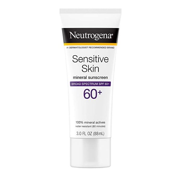 Sensitive Skin Mineral Sunscreen Lotion with Broad Spectrum SPF 60+ & Zinc Oxide, Water-Resistant, Hypoallergenic, Fragrance- & Oil-Free Gentle Sunscreen Formula, 3 fl. oz