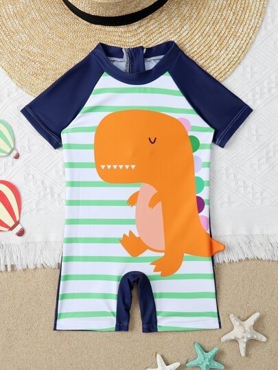 Baby Boy Cartoon Dinosaur Striped One Piece Swimsuit
