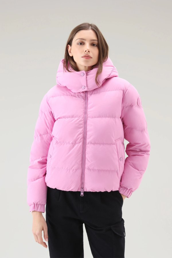 Quilted Down Jacket in Eco Taslan Nylon with Detachable Hood Smoky Rose