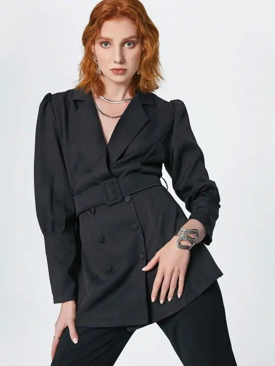 Belted Double Breasted Lapel Blazer BLACK