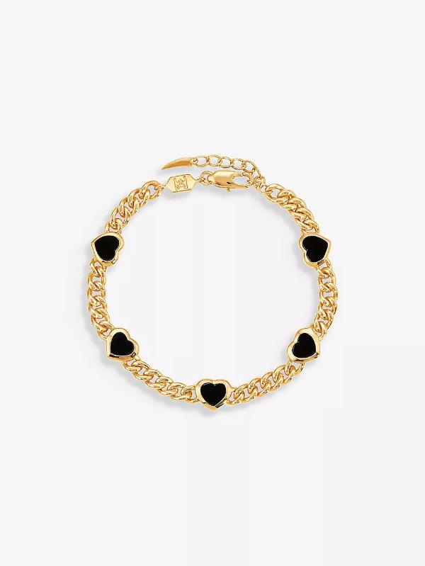 Heart-charm 18ct yellow gold-plated brass and black onyx bracelet