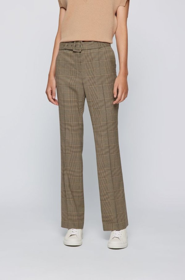 Flared-leg belted trousers in Prince of Wales check