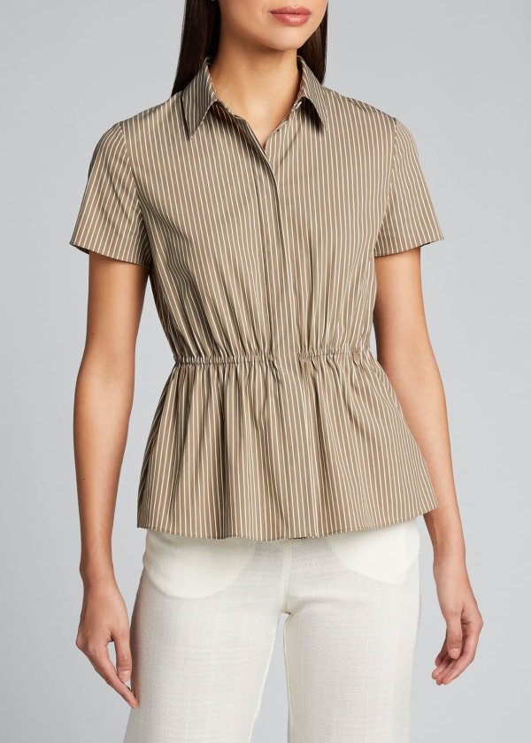Short-Sleeve Cinched Striped Shirt