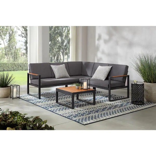 Pinnacle Park Black 4-Piece Wood Outdoor Sectional Set with Dark Grey Cushions