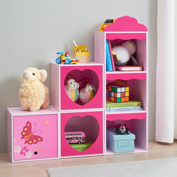 Senda Kids Bookshelf, Customizable 6-Cubes, Pink Butterfly
