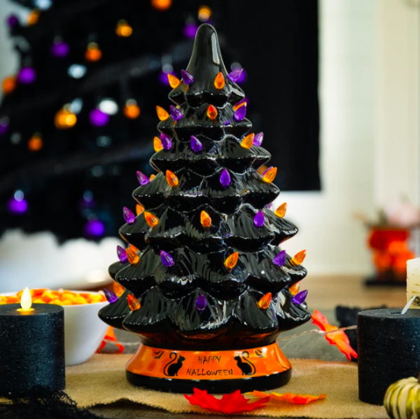Pre-Lit 15in Ceramic Halloween Tree w/ Orange & Purple Bulb Lights