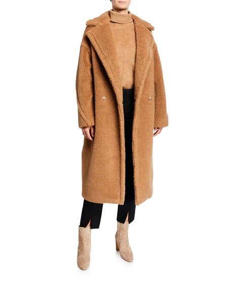 MaxmaraDouble-Breasted Camel Hair Blend Teddy Coat MaxmaraFuzzy Cable-Knit Turtleneck SweaterMaxmaraSassari Straight-Leg Cropped Pants, Black