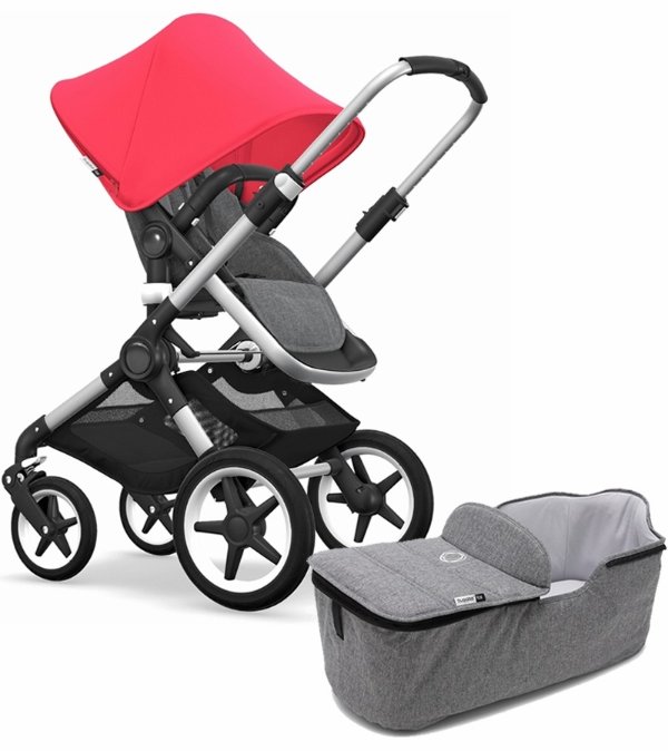Fox Complete Stroller and Bassinet Bundle - Aluminum/Grey Melange/Neon Red