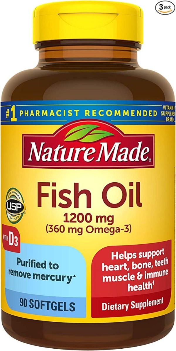 Fish Oil Omega 3 1200 mg with Vitamin D3 2000 IU, 90 Softgels, Omega 3 Supplement For Heart, Bone, Teeth, Muscle, and Immune Health (Pack of 3)