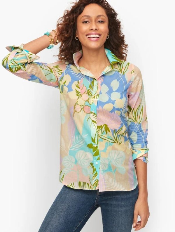 Cotton Button Front Shirt - Tropical Print