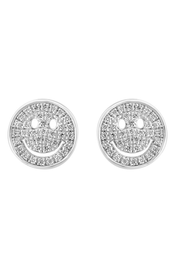 Sterling Silver Pave Diamond Smiley Face Stud Earrings - 0.21ct.