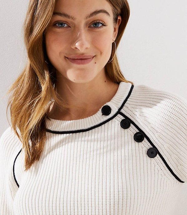 Piped Button Trim Raglan Sweater | LOFT
