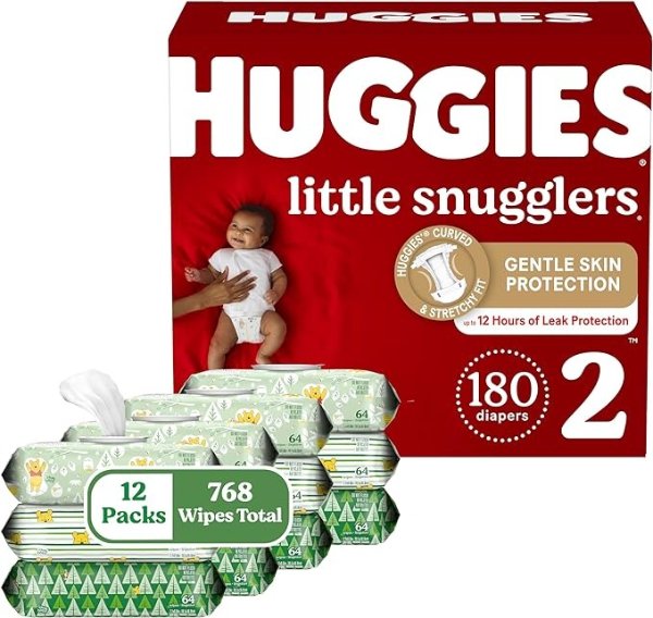 Bundle - Little Snugglers Baby Diapers, Size 2, 180 Ct, One Month Supply & Natural Care Sensitive Baby Wipes, Unscented, 12 Flip-Top Packs (768 Wipes Total)
