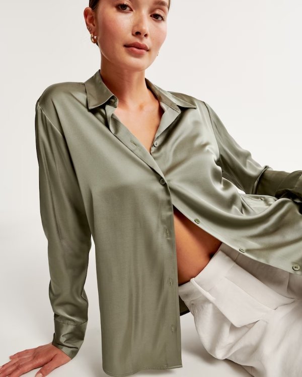 Long-Sleeve Satin Button-Up Shirt