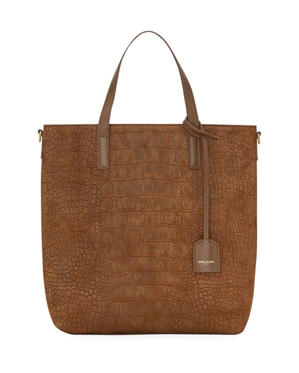 YSL Toy Shopping Stamped Croc Suede & Leather Tote Bag