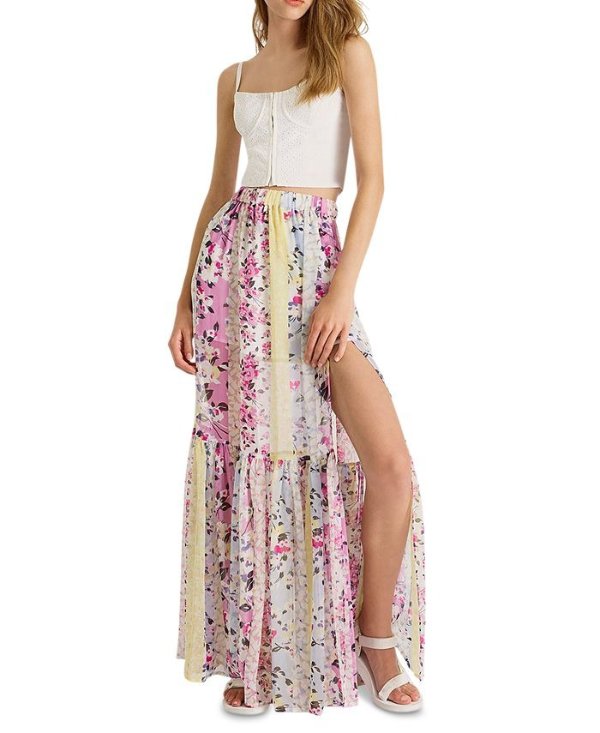 Floral-Print Ezeke Crinkled High-Slit Maxi Skirt