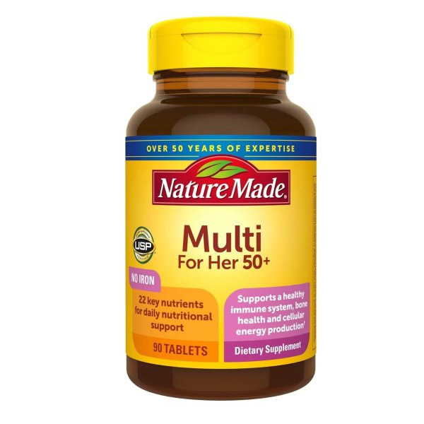 Multivitamin For Her 50+ with No Iron, Womens Multivitamin for Daily Nutritional Support, Multivitamin for Women, 90 Tablets, 90 Day Supply