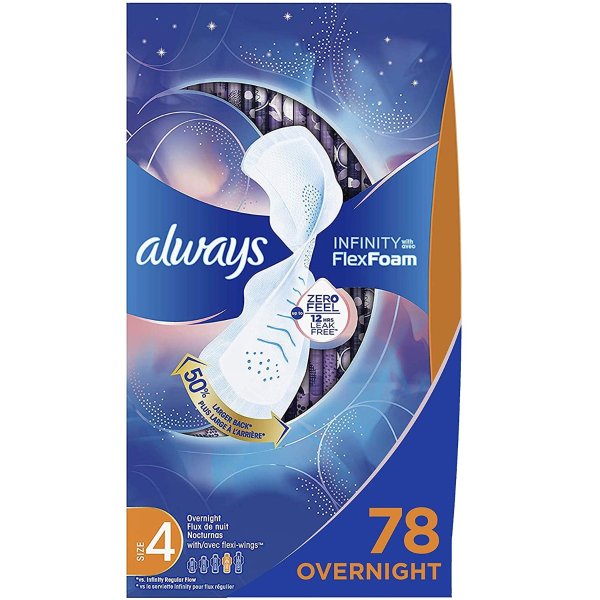 Always Infinity Feminine Pads for Women, Size 4, 78 Count
