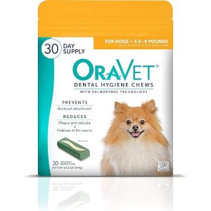 OraVet Dental Chews for Dogs, Oral Care and Hygiene Chews (Extra Small Dogs, 3.5-9 lbs.) Yellow Pouch, 30 Count