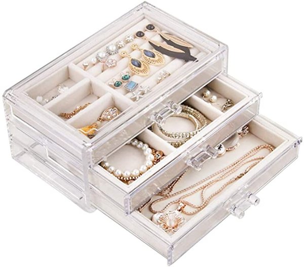Clear Jewelry Box Organizer 3 Drawers Velvet Jewellery Boxes Acrylic Ring Earring Necklace Bracelet Holder Display Case Gift for Women Girls Men (Beige)