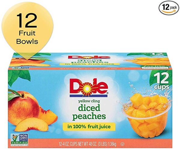 FRUIT BOWLS, Yellow Cling Diced Peaches in 100% Fruit Juice, 4 Ounce, 12 Count