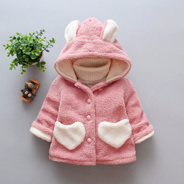 Toddler Girl Heart Pattern Pocket Ear Design Button Fuzzy Pink Coat