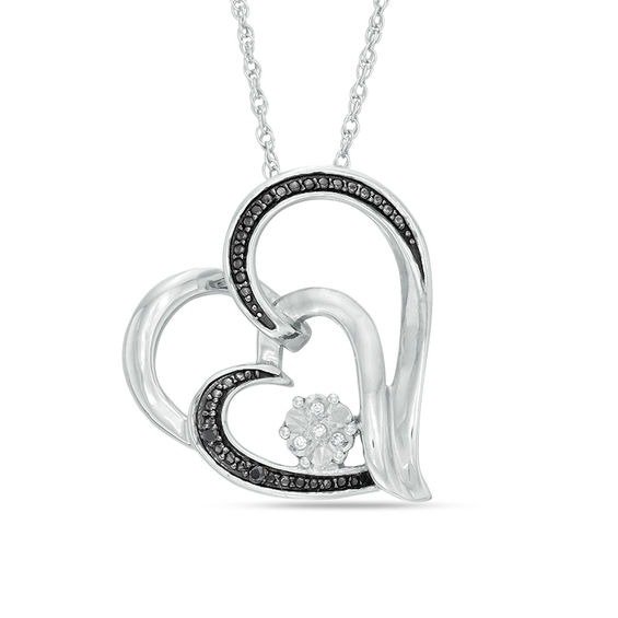 Enhanced Black and White Diamond Accent Tilted Double Heart Pendant in Sterling Silver|Zales