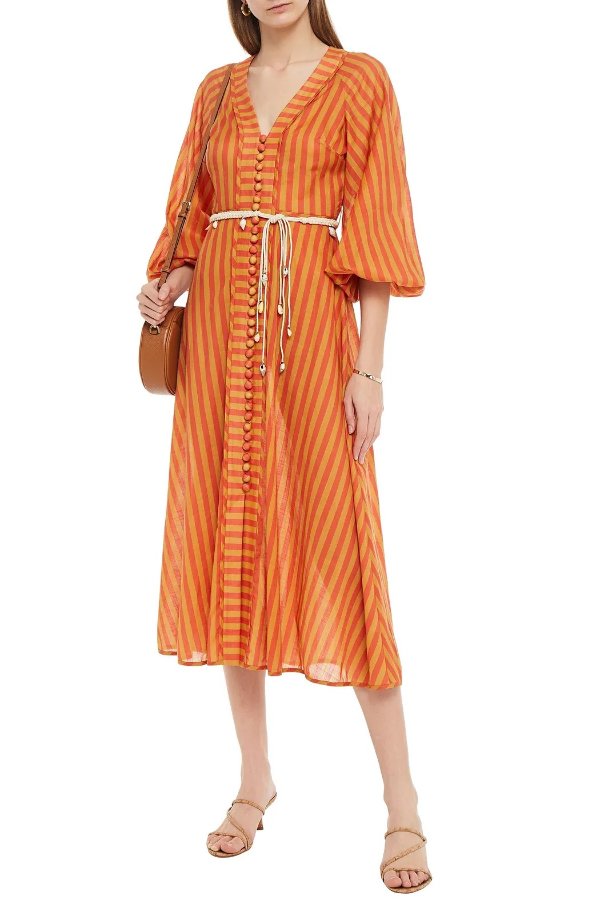 Edie belted striped cotton-voile midi dress