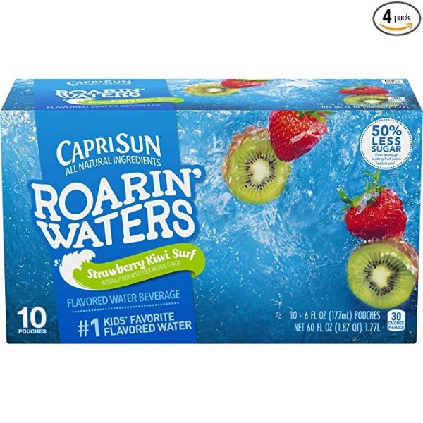 Roarin' Waters Flavored Water Beverage, Strawberry Kiwi, 10 Pouches (Pack of 4)