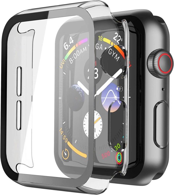2 Pack Hard PC Case with Tempered Glass Screen Protector Compatible with Apple Watch Series 6 SE Series 5 Series 4 44mm, Transparent