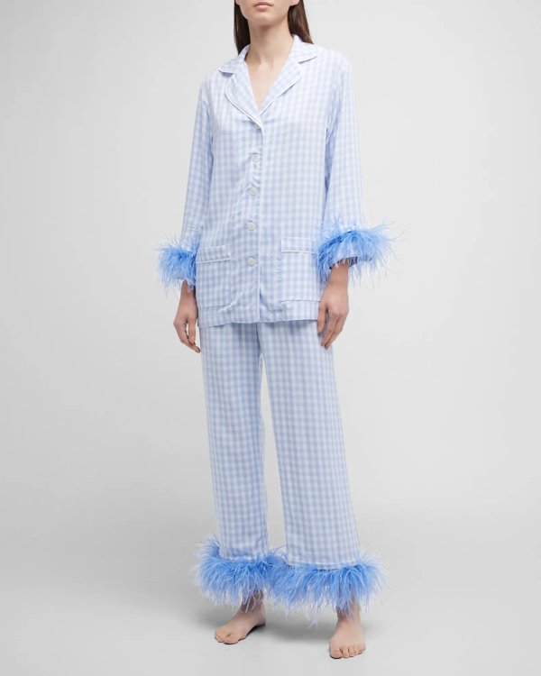 Party Gingham-Print Feather-Trim Pajama Set