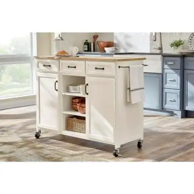 Ivory Kitchen Cart with Butcher Block Top